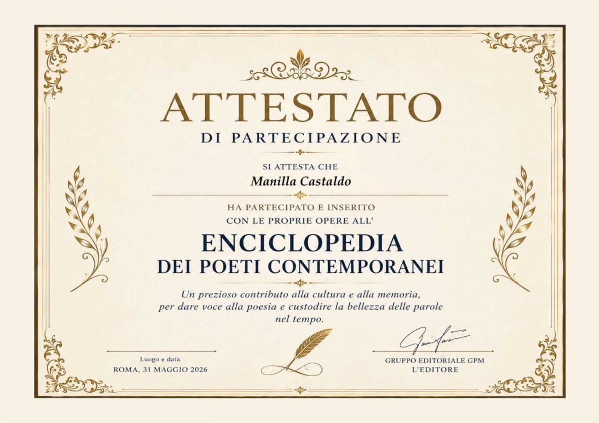 Attestato di partecipazione di Manilla all'Enciclopedia dei poeti contemporanei
