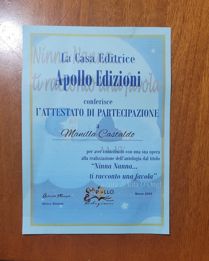 Attestato di partecipazione di Manilla all'antologia